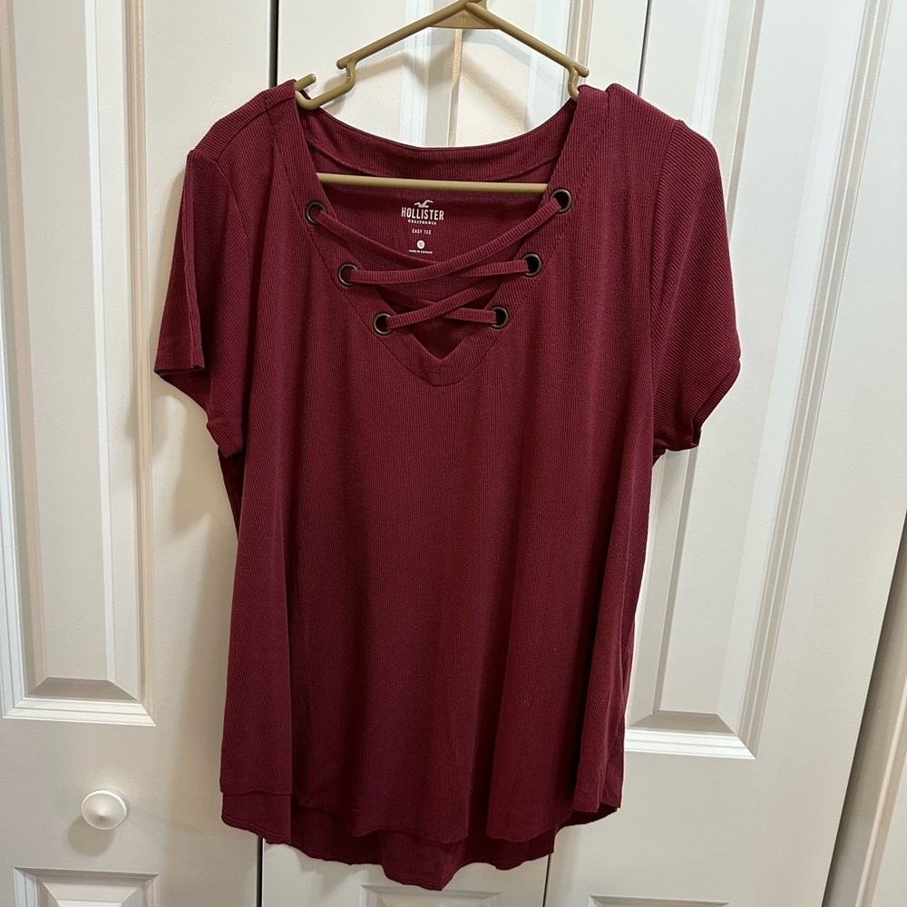 Hollister Women's Burgundy Lace-Up Top